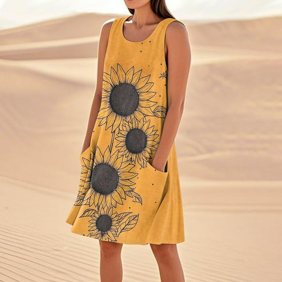 SAATLERI Vacation Dresses for Women 2025 Loose Casual Sleeveless Sundresses for Women 2025 Floral Crew Neck Beach Tank Dress with Pockets