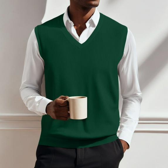 SAATLERI Vest for Men Soft V Neck Knitted Sweater Vest Solid Sleeveless Pullover Slim Fit Plain Color Sweater Vest