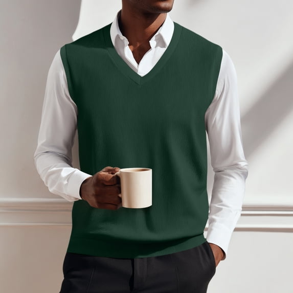 SAATLERI Vest for Men Soft V Neck Knitted Sweater Vest Solid Sleeveless Pullover Slim Fit Plain Color Sweater Vest