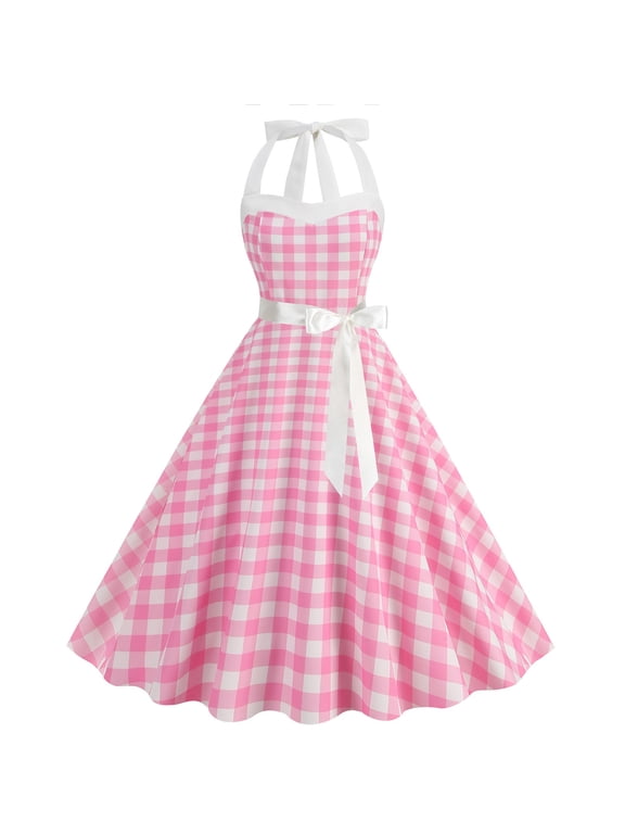 Vintage Women 1950s Rockabilly Swing Dress 50s Retro Dresses for Women Hepburn Style Halterneck A-Line Dresses