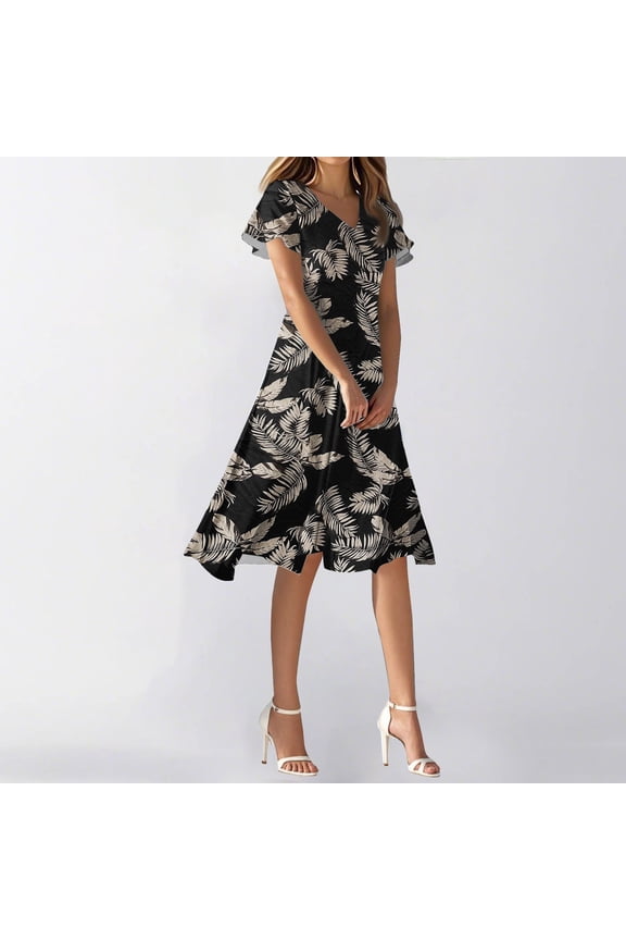 Wedding Guest Dresses for Women Date Night V Neck Bohemian Knee Length Plus Size Summer Dresses Floral Swing Short Sleeve Sundresses