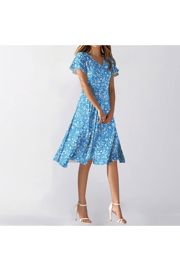 Wedding Guest Dresses for Women Date Night V Neck Bohemian Knee Length Plus Size Summer Dresses Floral Swing Short Sleeve Sundresses