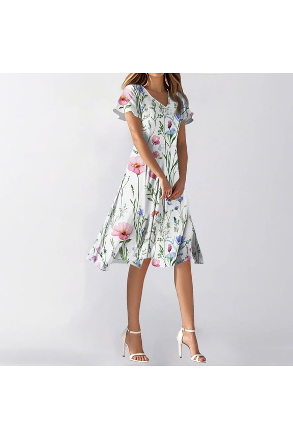 Wedding Guest Dresses for Women Date Night V Neck Bohemian Knee Length Plus Size Summer Dresses Floral Swing Short Sleeve Sundresses