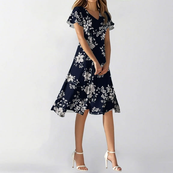 SAATLERI Wedding Guest Dresses for Women Date Night V Neck Bohemian Knee Length Plus Size Summer Dresses Floral Swing Short Sleeve Sundresses