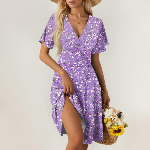 SAATLERI Wedding Guest Dresses for Women Trendy Casual V Neck Short Sleeve Boho Floral Sundresses for Women Midi A-Line Party Dress