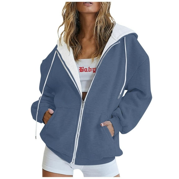 SAATLERI Women Hoodied Oversized Fleece Jacket Full Zip Drawstring Cute Sweatshirt Y2k Lightweight Fall Pullover with Pockets