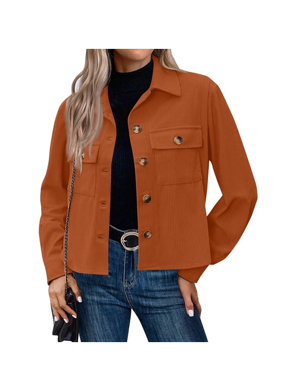 Women Jacket Corduroy Button Down Crop Shirts Long Sleeve Shacket Pocket Jacket Fashion Fall Casual Loose Coats