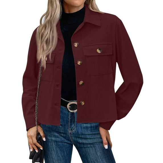 SAATLERI Women Jacket Corduroy Button Down Crop Shirts Long Sleeve Shacket Pocket Jacket Fashion Fall Casual Loose Coats