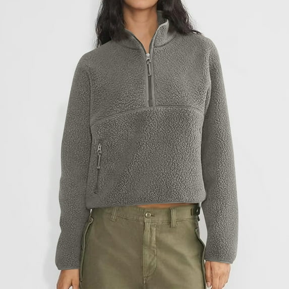 SAATLERI Women Pullover Sweatshirt Sherpa Cropped Fleece Jacket Half Zip Fuzzy Clothes Trendy Fall Jackets with Pockets
