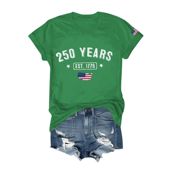SAATLERI Women's 250th Anniversary Usa Shirt National Flag Print Crew-Neck Short Sleeve Shirts Patriotic Memorial Day Tee