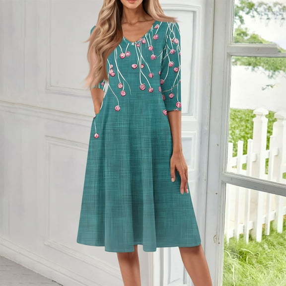 SAATLERI Women's 3/4 Sleeve Midi Dress Casual Round Neck Summer Dresses A Line Floral Print Curvy Dress with Pockets