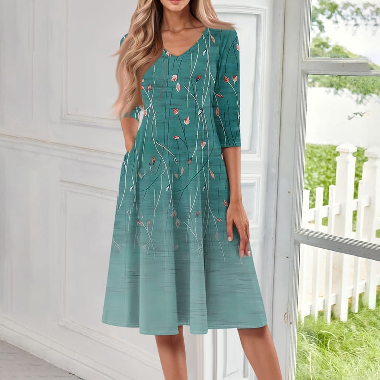sachin and babi light blue dress Women's Casual Fashion Round Neck Three Quarter Sleeve Print Midi Dress Buy  cheaply on Joom