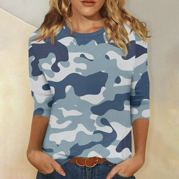 SAATLERI Women’s 3/4 Sleeve Tops Camo Shirt Army Print Tunic Loose Casual Blouse Dressy Pullover Top for Women 3/4 Length Sleeve T-Shirts