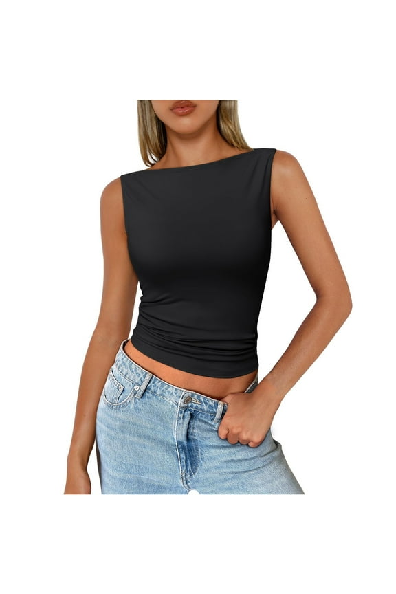 Women's Basic Boat Neck Tank Top Solid Casual Sleeveless Tunic Vest Summer Trendy Slim Fit Cami Shirt Going Out