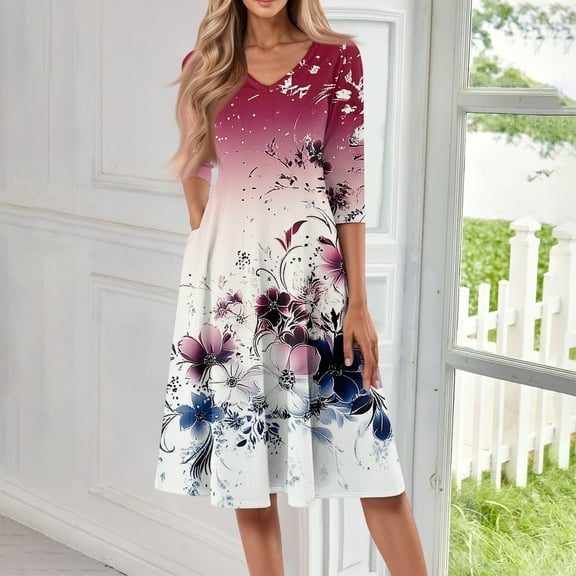 SAATLERI Women's Casual Dresses 3/4 Length Sleeve V Neck Boho Floral Dresses for Women 2025 Elegant Classy A-Line Cocktail Loose Flowy Beach Sundress with Pockets