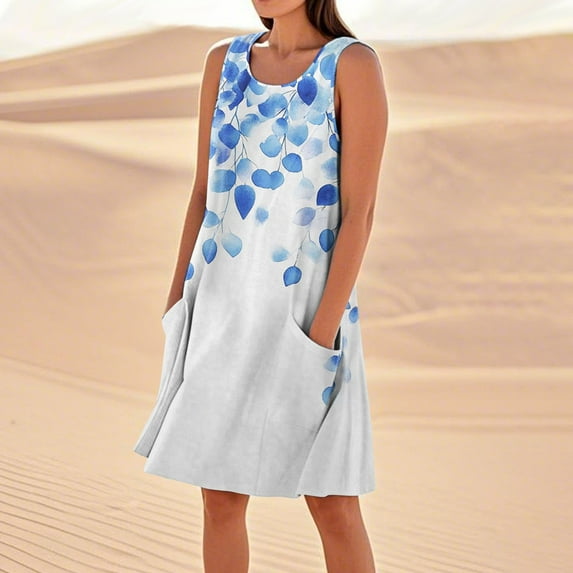 SAATLERI Women's Casual Dresses Summer Sleeveless Floral Tank Dress for Women Crew Neck Trendy Beach Sun Dress with Pockets