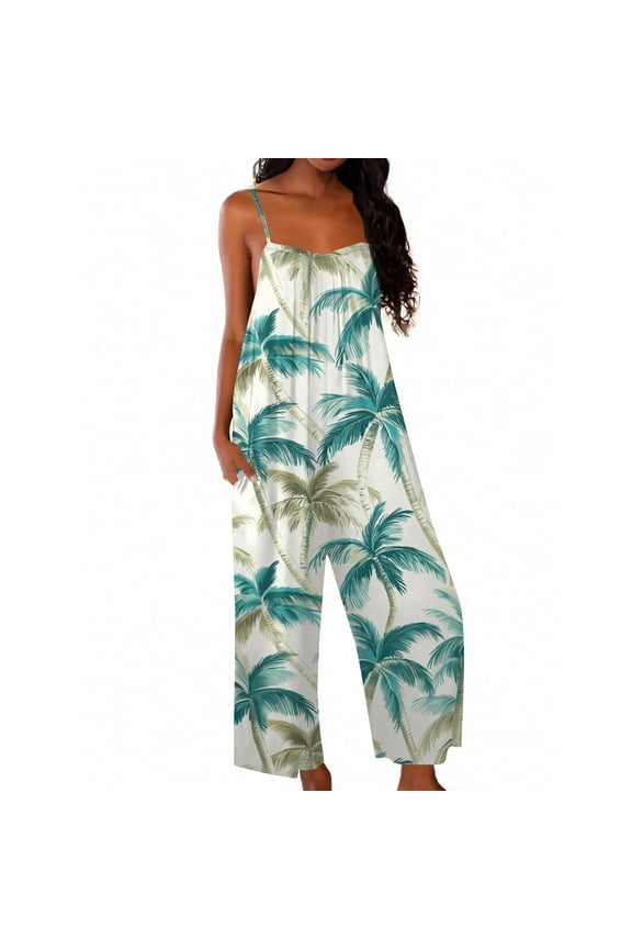 Women's Hawaiian Overalls Floral Print Summer Rompers for Women 2025 Plus Size Jumpsuits Sleeveless Wide Leg Beach Rompers