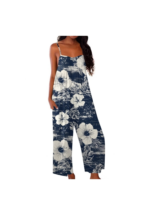 Women's Hawaiian Overalls Floral Print Summer Rompers for Women 2025 Plus Size Jumpsuits Sleeveless Wide Leg Beach Rompers