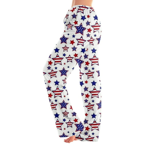 SAATLERI Women's July 4th Pajama Pants American Flag Women's Pajama Bottoms Summer Cute Star Stripes Relaxed Fit Wide Leg Elastic Waist Sleep Pants