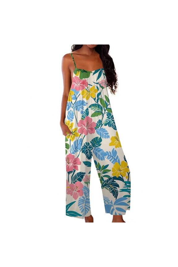Women's Jumpsuits Dressy Hawaiian Casual Overalls Floral Print Wide Leg Outfit Baggy Loose Fit Pants Rompers for Women