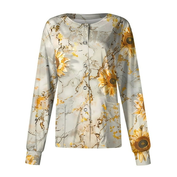 SAATLERI Women's Open Front Scrub Jackets Floral Print Long Sleeve Stretch Nurse Scrubs Lightweight Medical Working Uniforms with Pockets