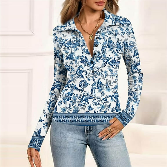 SAATLERI Women's Polo Shirt V-Neck Button Down Dressy Tops for Women Small Flower Print Polo Shirts Pullover Long Sleeve Tunic Tops