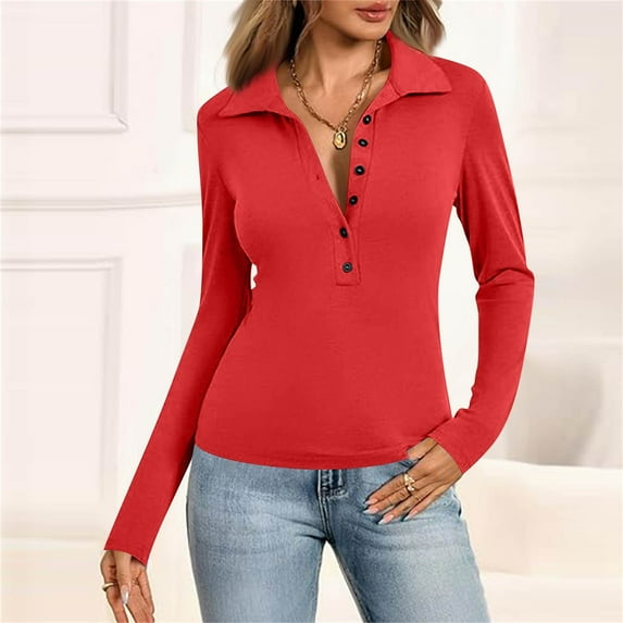 SAATLERI Women's Polo Shirts Casual Button Down Work Tops Blouse Slim Fitted Collared V Neck Long Sleeve Shirt 2025