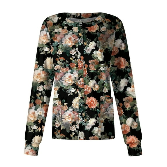 SAATLERI Women's Scrub Jackets for Nurses Floral Print Long Sleeve Scrub Tops Women Snap Front Stretch Medical Uniform with Pockets