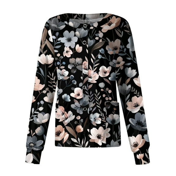 SAATLERI Women's Scrub Jackets for Nurses Floral Print Long Sleeve Scrub Tops Women Snap Front Stretch Medical Uniform with Pockets