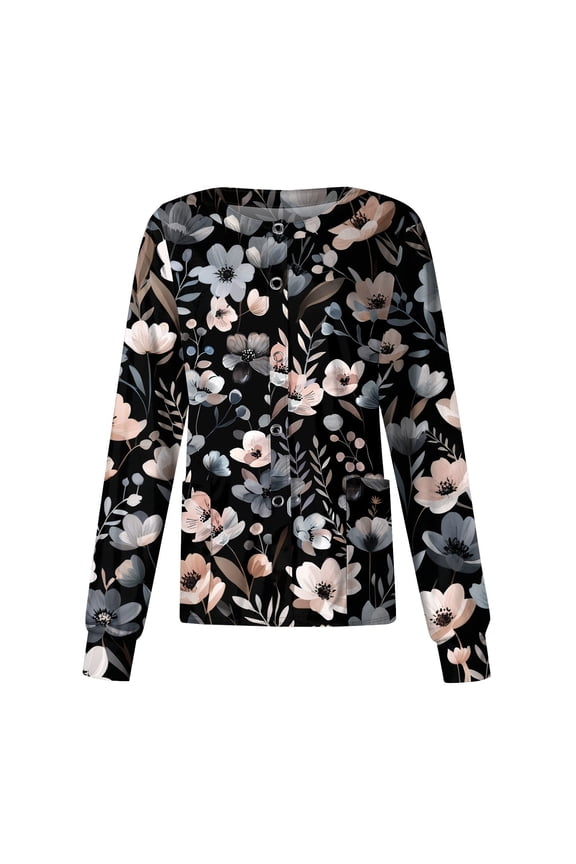 Women's Scrub Jackets for Nurses Floral Print Long Sleeve Scrub Tops Women Snap Front Stretch Medical Uniform with Pockets