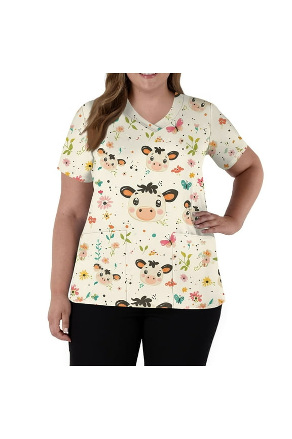 Women's Scrub Tops Printed Fashion Medical Scrub Shirt Plus Size Funny Cartoon Graphic Medical Nurse Uniforms Scrub Top with Pockets