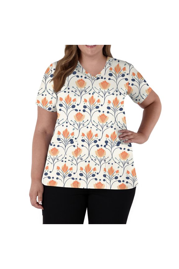 Women's Scrubs Stretchy Short Sleeve V-Neck Scrub Tops Cute Graphic Printed Medical Nurse Uniforms Plus Size Working T-Shirts with Pockets