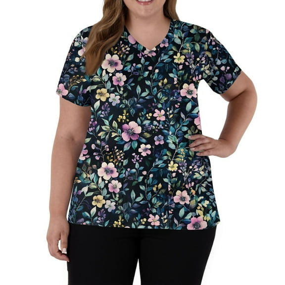 SAATLERI Women's Scrubs Stretchy Short Sleeve V-Neck Scrub Tops Cute Graphic Printed Medical Nurse Uniforms Plus Size Working T-Shirts with Pockets