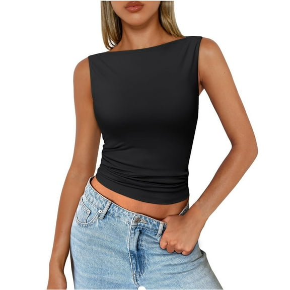 SAATLERI Women's Summer Tank Tops Boat Neck Sleeveless Fitted Basic Going Out Casual Cropped Tank Shirts Y2K Fashion Outfit Clothes