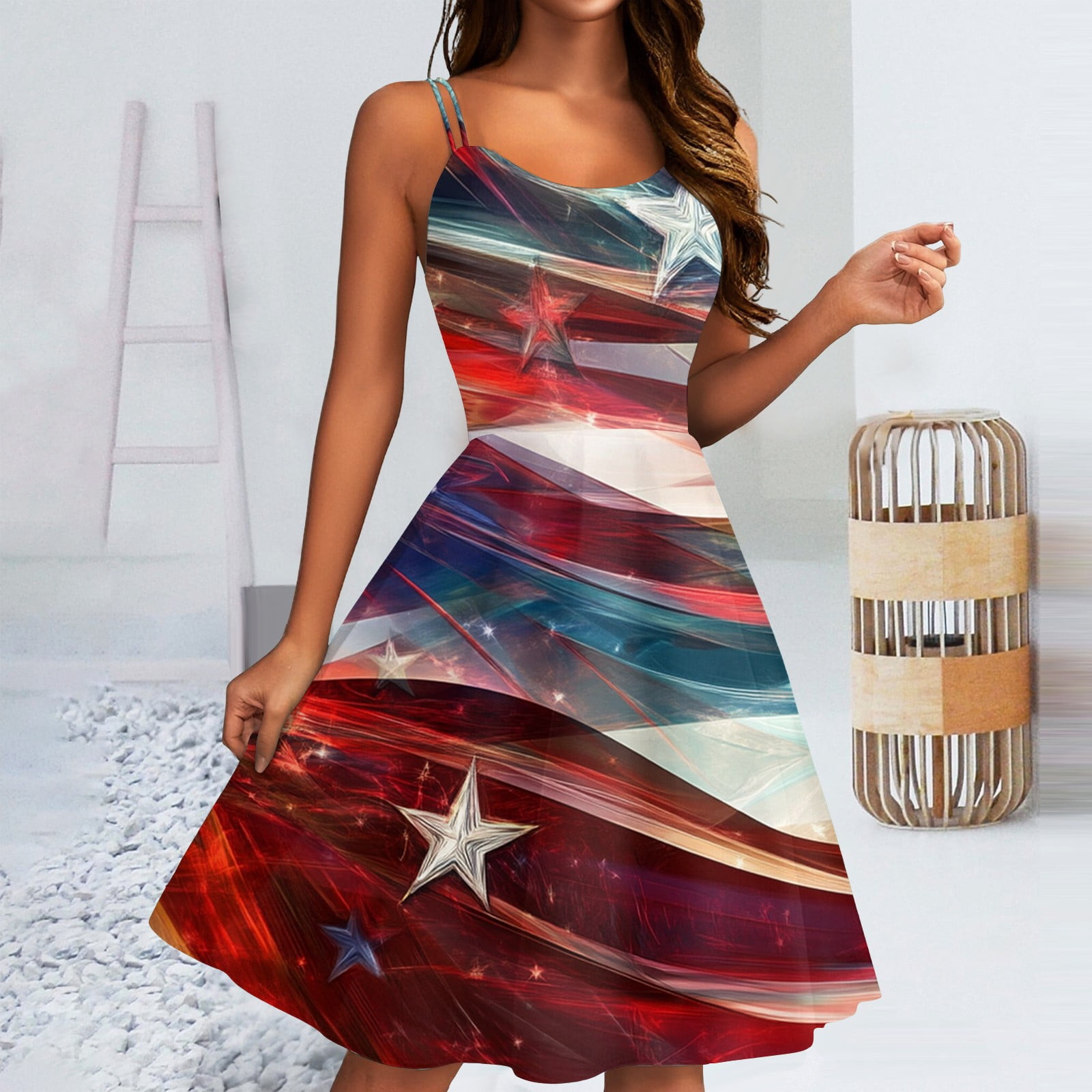 SAATLERI Womens 4th of July Dresses Retro Spaghetti Strap American Flag  Midi Dress Summer Cocktail A-line Swing Dress - Walmart.com