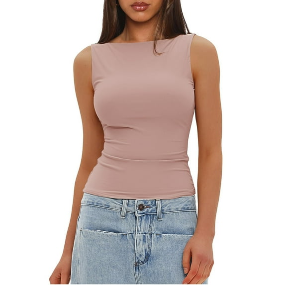 SAATLERI Womens Boat Neck Sleeveless Tank Tops Stretchy Fitted Tshirt Basic Crop Tops Trendy Shirt Outerwear Top