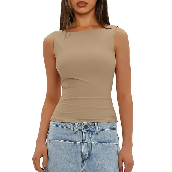 SAATLERI Womens Boat Neck Sleeveless Tank Tops Stretchy Fitted Tshirt Basic Crop Tops Trendy Shirt Outerwear Top