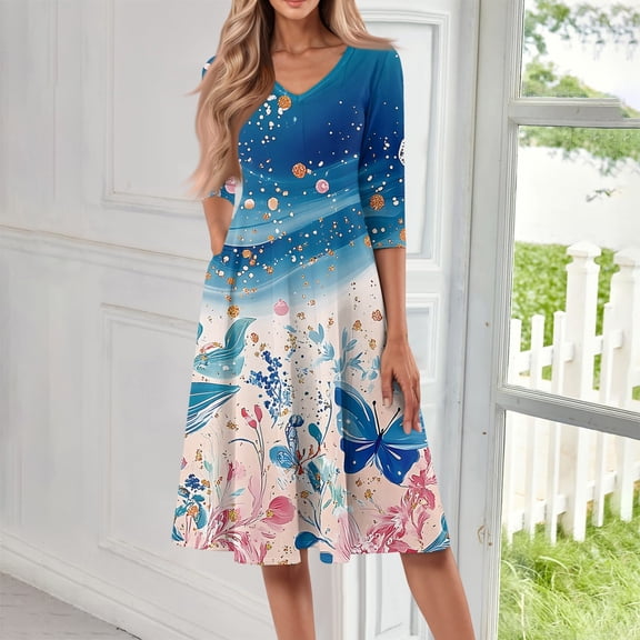 SAATLERI Womens Dresses 3/4 Sleeve V Neck Floral Sun Dresses for Women 2025 Vacation Flowy Swing A-Line Cocktail Church Dresses with Pocket