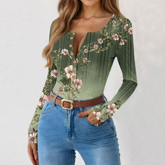SAATLERI Womens Henley Shirt Cute Floral Print Long Sleeve Knit Shirts U Neck Button Down Casual Tops Trendy Fashion Fall Outfits 2025