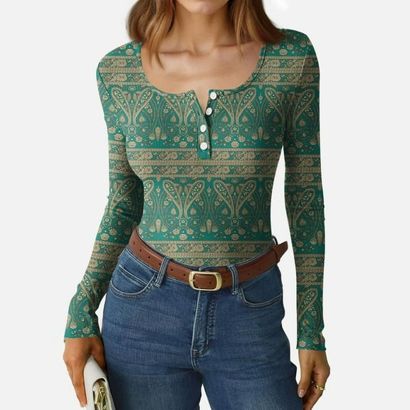 SAATLERI Womens Long Sleeve Shirts Retro Floral Print Deep V Neck Henley Shirts Casual Fit Outfits Tops Blouses Fall Clothes