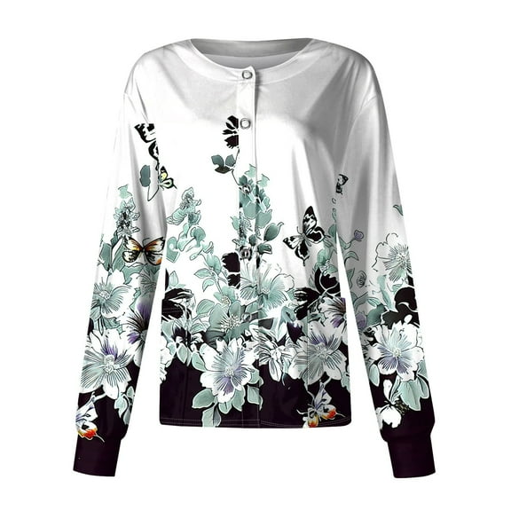 SAATLERI Womens Scrub Jacket Long Sleeve Button Up Scrubs Tops Snap Front Floral Printed Oversize Scrub Jacket Fall Medical Nurse Work Uniform with Pockets