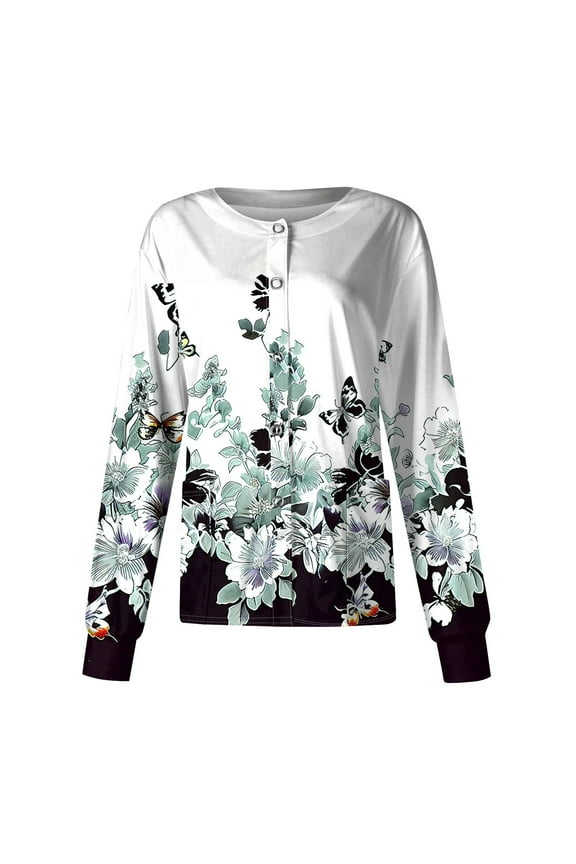 Womens Scrub Jacket Long Sleeve Button Up Scrubs Tops Snap Front Floral Printed Oversize Scrub Jacket Fall Medical Nurse Work Uniform with Pockets