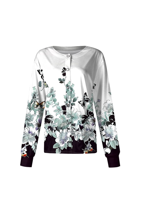 Womens Scrub Jacket Long Sleeve Button Up Scrubs Tops Snap Front Floral Printed Oversize Scrub Jacket Fall Medical Nurse Work Uniform with Pockets