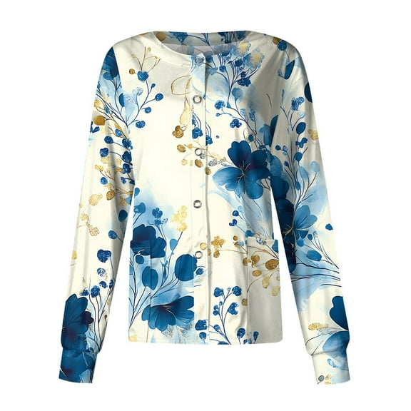 SAATLERI Womens Scrub Jacket Plus Size Nurse Jacket Floral Print Long Sleeve Scrub Tops Button up Working Nurses Uniform with Pockets