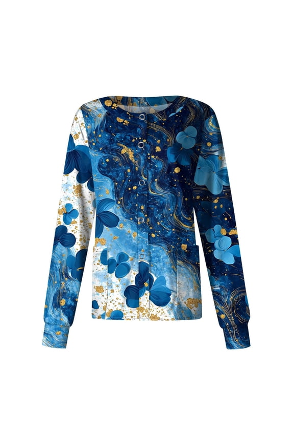 Womens Scrub Jacket Plus Size Nurse Jacket Floral Print Long Sleeve Scrub Tops Button up Working Nurses Uniform