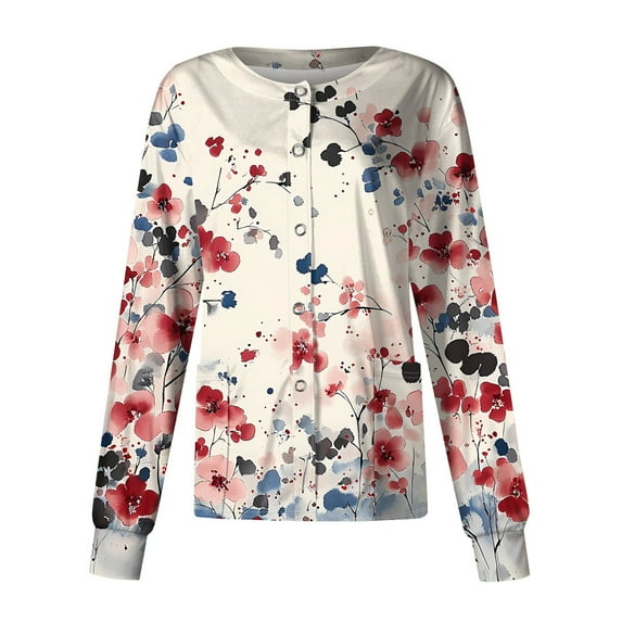 SAATLERI Womens Scrub Jacket Plus Size Nurse Jacket Floral Print Long Sleeve Scrub Tops Button up Working Nurses Uniform