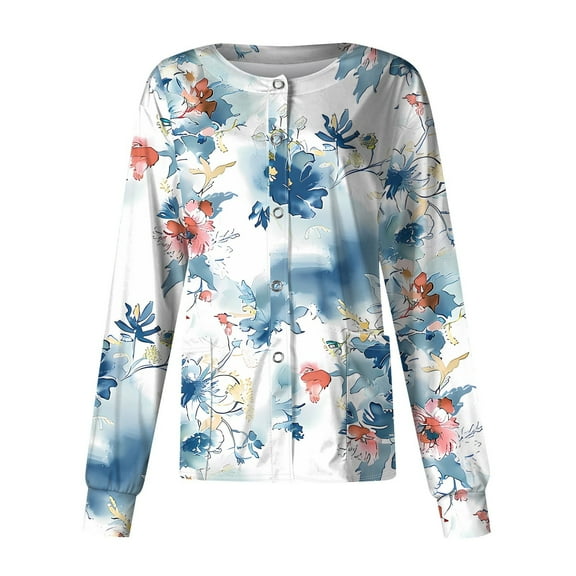SAATLERI Womens Scrub Jacket Plus Size Nurse Jacket Floral Print Long Sleeve Scrub Tops Button up Working Nurses Uniform