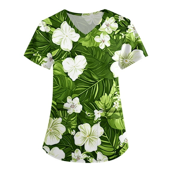SAATLERI Womens Scrub Tops Plus Size Scrubs Stretchy Soft Nursing Shirts Cute Floral Printed Nursing Top with Pockets