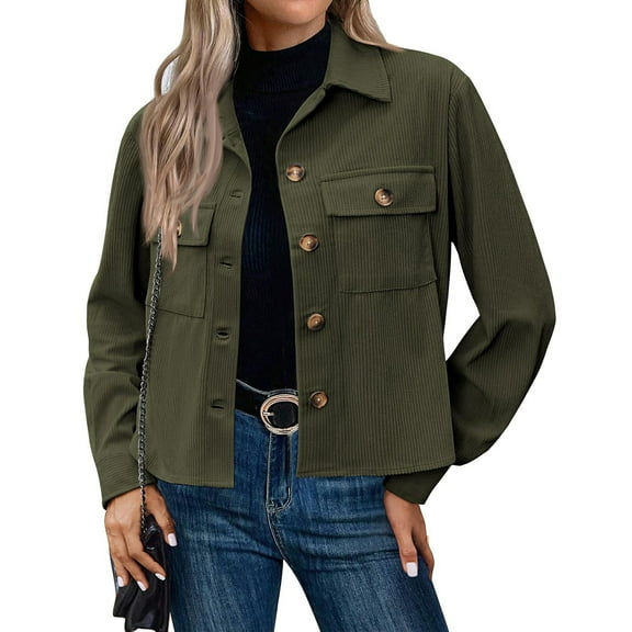 SAATLERI Womens Shirts Fashion Cropped Corduroy Shacket Jacket Turn Down Collar Button Down Long Sleeve Crop Shirts Jackets Tops