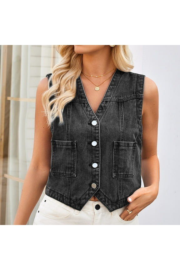 Womens Sleeveless Denim Vest Fashion Casual V Neck Button Down Jean Jacket
